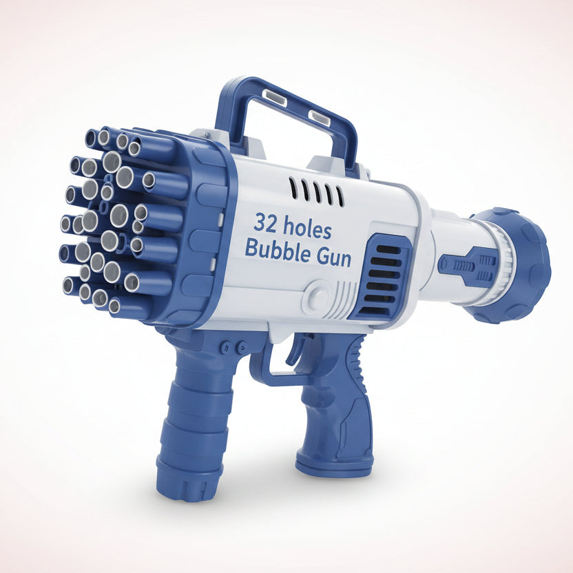 Box of a bubble gun with bubbles and text on a wooden surface