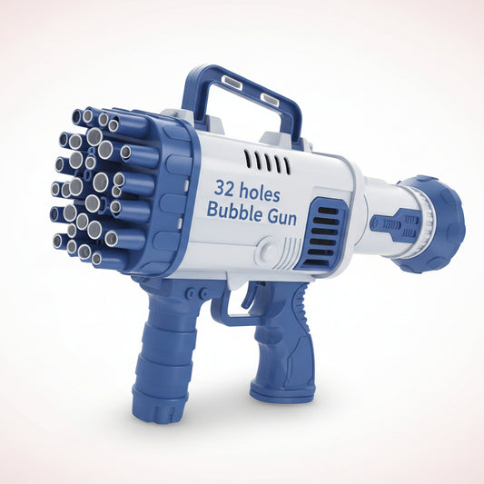 Box of a bubble gun with bubbles and text on a wooden surface