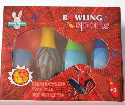 Bowling sports set packaging with colorful bowling balls and Spider-Man graphic on a red background.