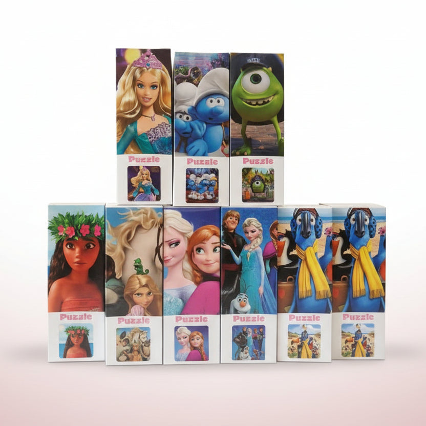 Collection of animated character puzzles with various characters on the covers.