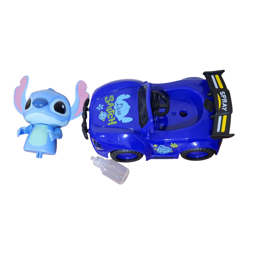 Blue toy car with character figure on a white background