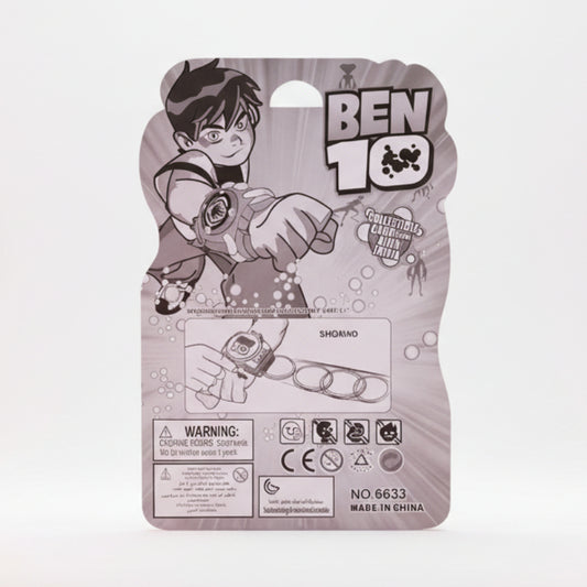 Ben 10 action figure packaging on a wooden surface with a plain background
