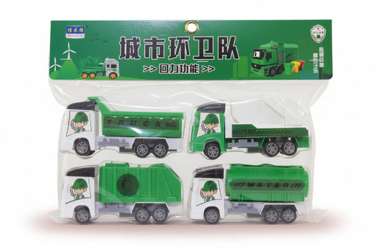 Packaged toy garbage trucks with green and white design on a wooden surface.