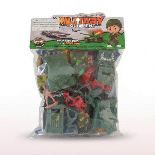 Toy military equipment set in packaging with 'Military Equipment' label on a wooden surface