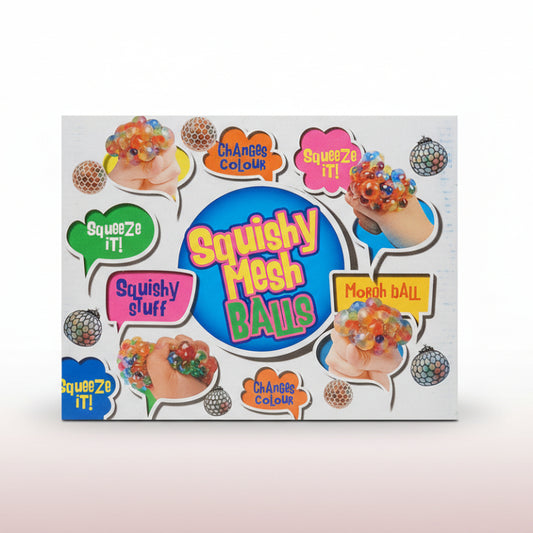 Box of Squishy Mesh Balls with colorful text and images on a white background