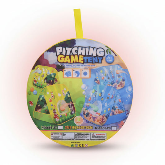 Pitching game tent packaging on a wooden surface