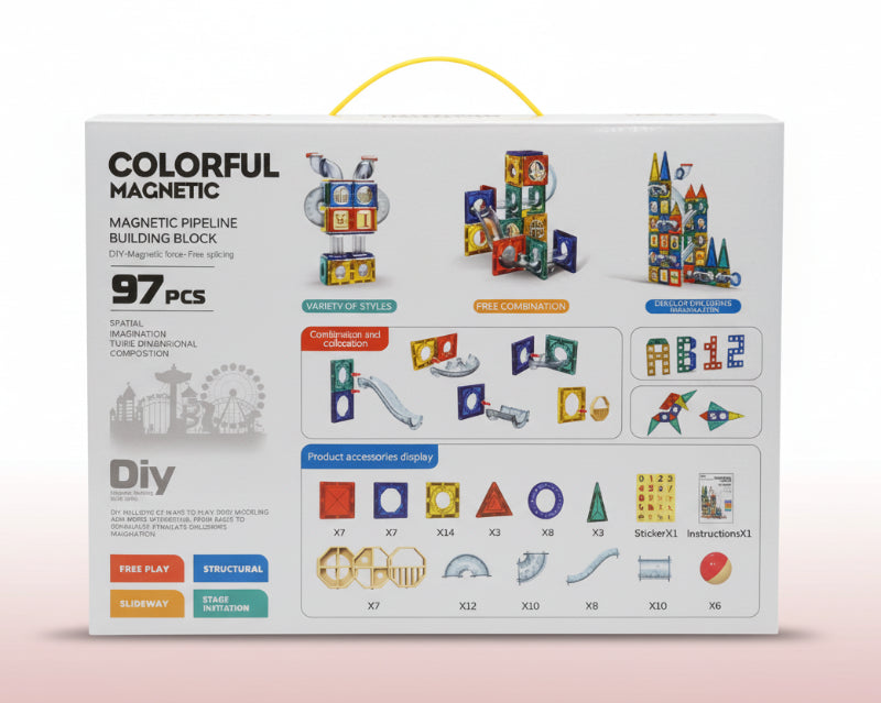 Box of colorful magnetic pipeline building blocks with various illustrations on a wooden surface.