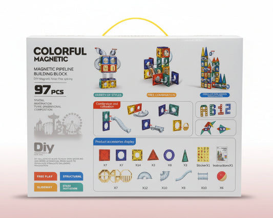 Box of colorful magnetic pipeline building blocks with various illustrations on a wooden surface.