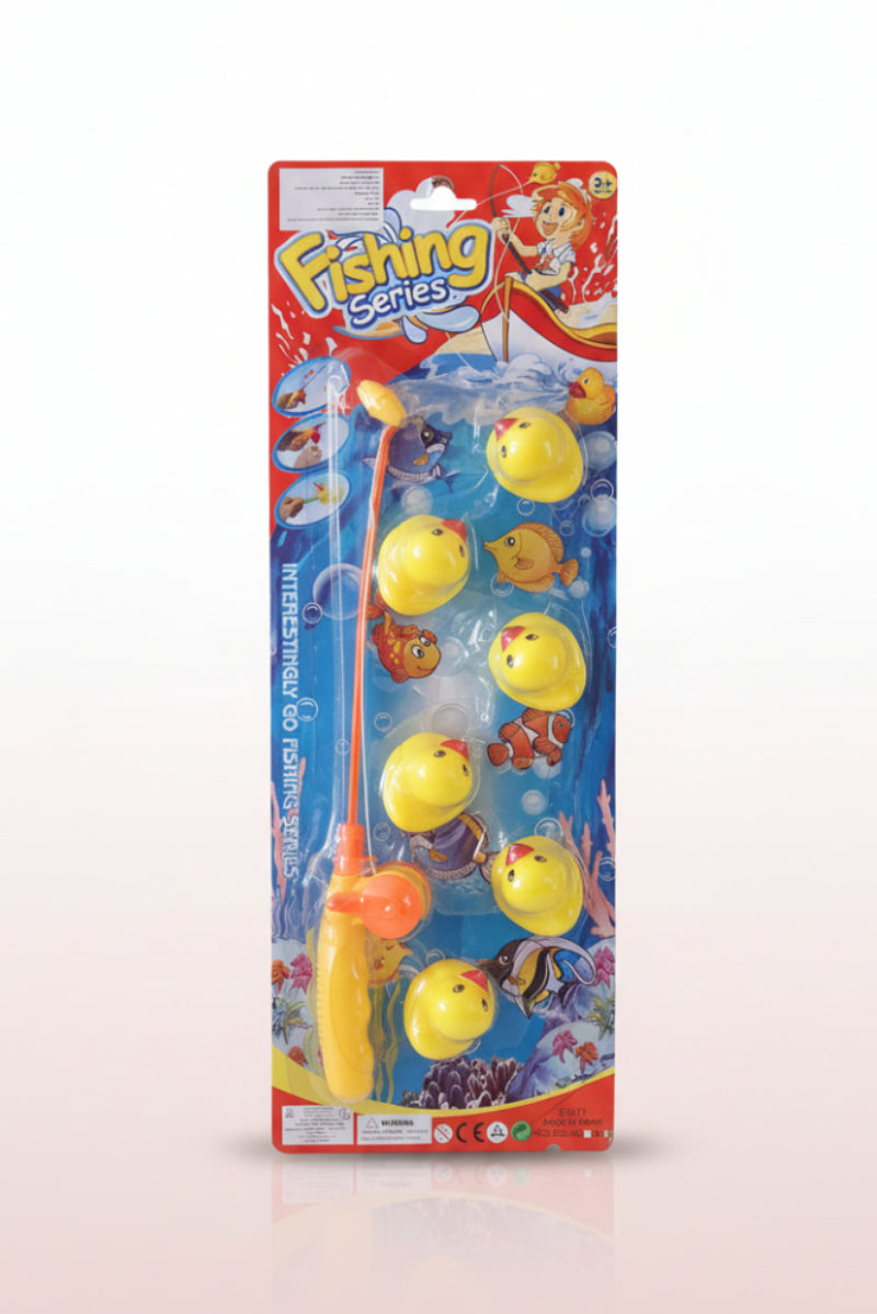 Fishing toy set with packaging featuring yellow fish and a fishing rod on a white background.