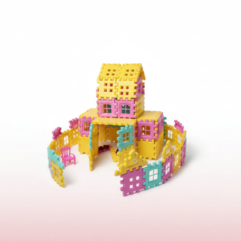 Colorful plastic building blocks arranged to resemble a house on a tiled floor.