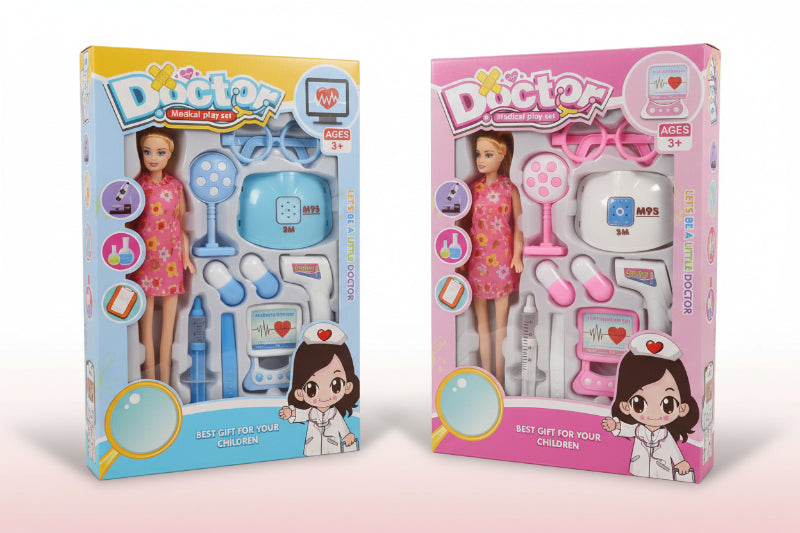 Two toy packaging boxes for a 'Doctor' play set on a wooden surface.
