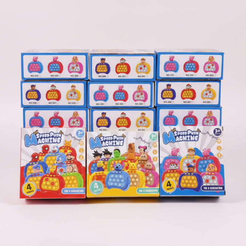 Collection of colorful boxes with cartoon characters on a wooden surface