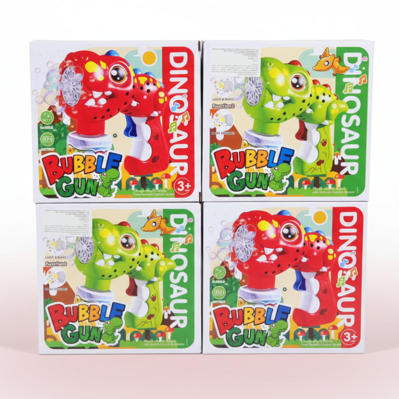 Four colorful boxes of dinosaur bubble guns on a white background