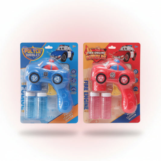 Two toy bubble guns in packaging, one blue and one red, on a wooden surface with a beige wall background.