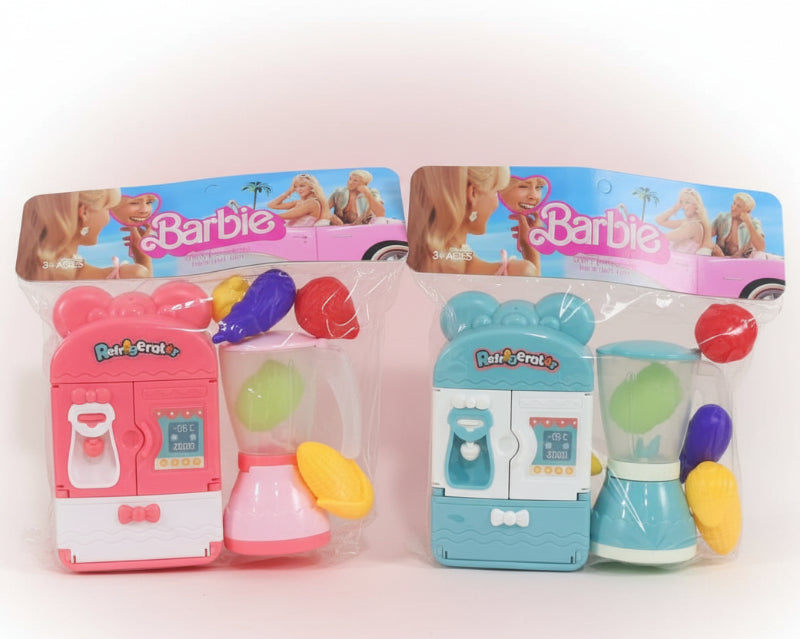 Two sets of Barbie-themed toys in packaging on a wooden surface.