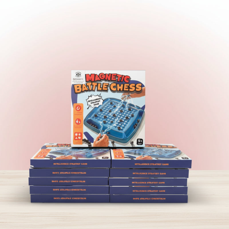 Stack of 'Magnetic Battle Chess' boxes on a wooden surface with a plain background