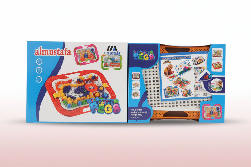 Toy packaging with 'almustafa' branding on a wooden surface
