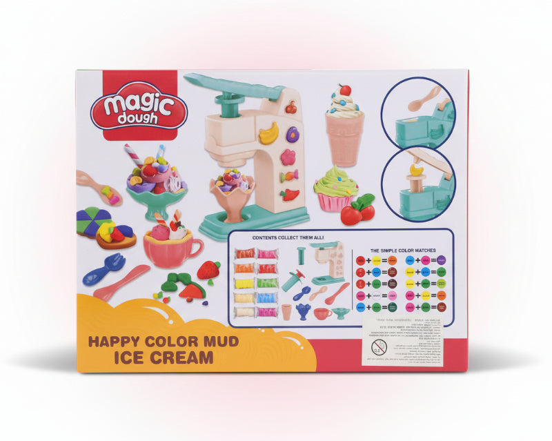 Box of Magic Dough Happy Color Mud Ice Cream set on a wooden surface with a plain background