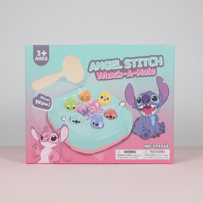 Box of 'Angel Stitch Whack-A-Mole' game with cartoon characters on a white background