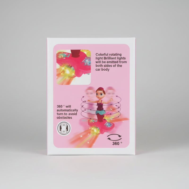 Product packaging with a toy figure and colorful text on a pink background