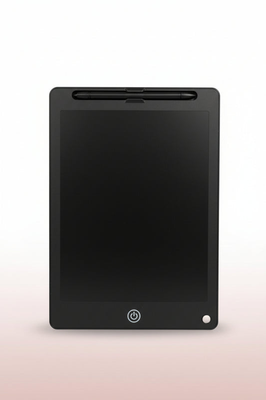 Black electronic writing pad on a wooden surface with a white wall background