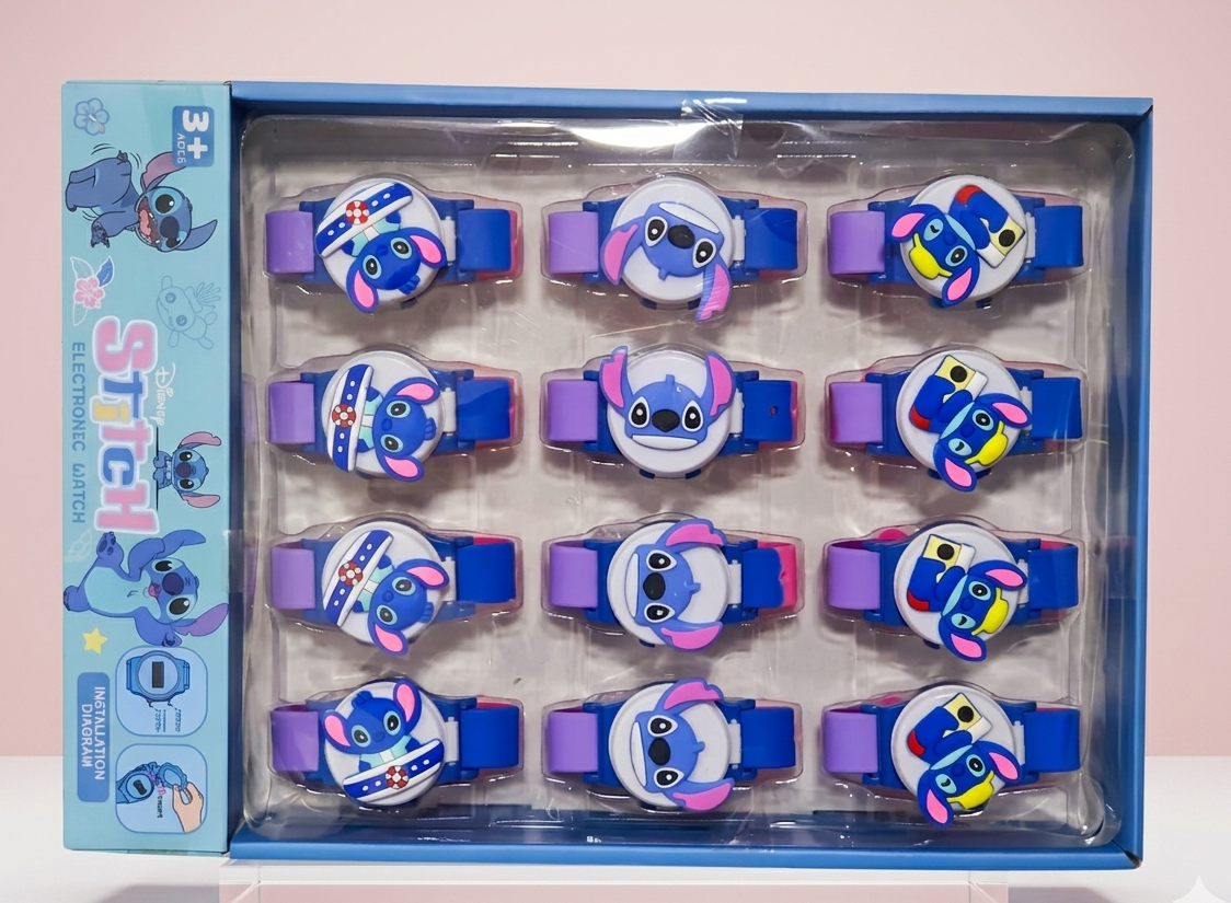 Set of cartoon character wristbands in a display box with a pink background