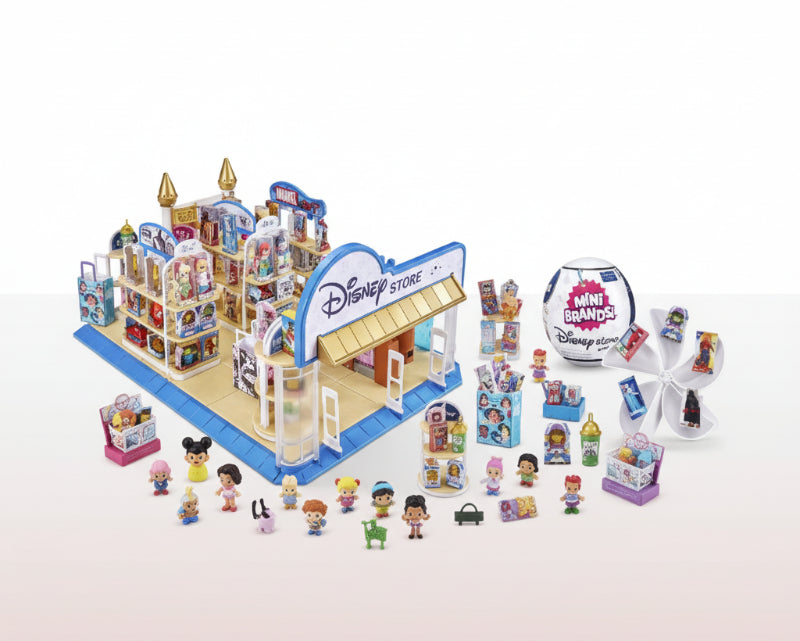 Two children with a Disney store toy set on a white background