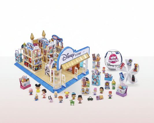 Two children with a Disney store toy set on a white background