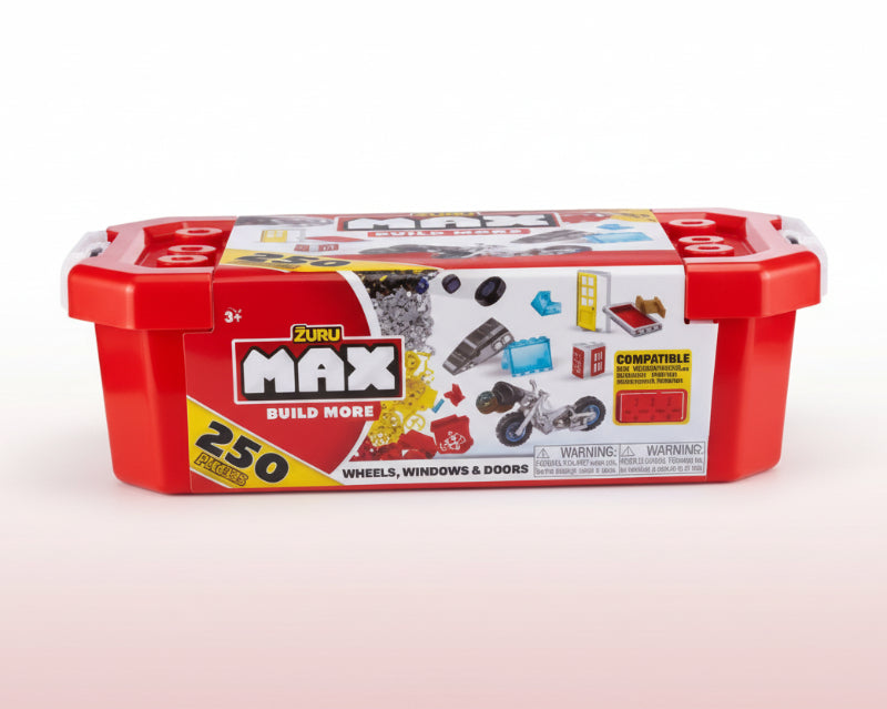 Max Build Set container with building blocks and tools on a white background
