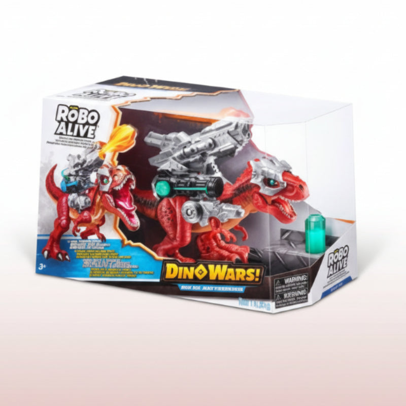 Toy packaging of Robo Alive Dino Wars with red and gray robot and dinosaur figures.