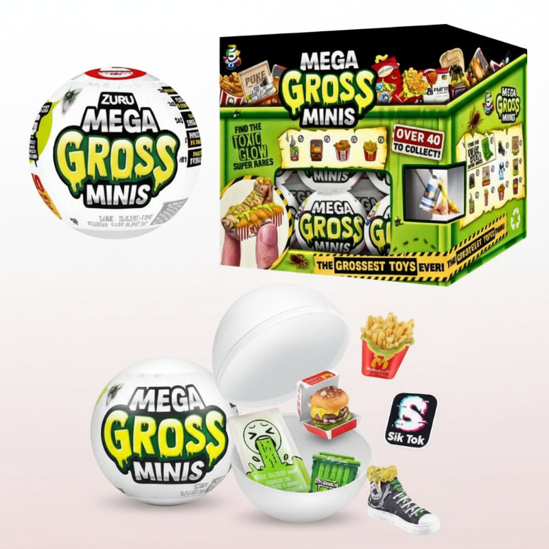 Mega Gross Minis toy packaging with a ball and open container on a white background
