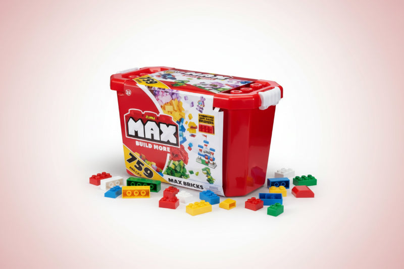 Red container of Max Build N' Mix building blocks with colorful pieces inside.