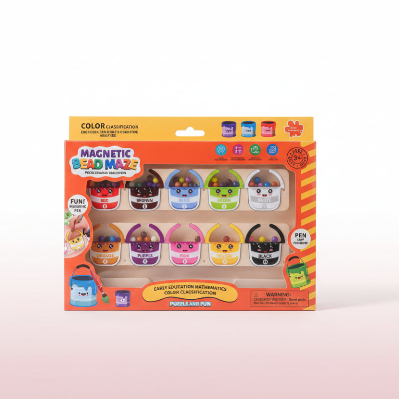 Colorful packaging of a magnetic bead maze educational toy on a wooden surface.