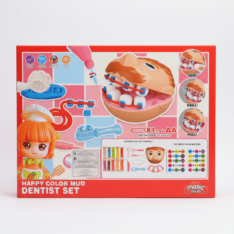 Box of Happy Color Mud Dentist Set with colorful illustrations on a wooden surface
