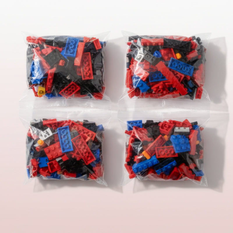 Unopened toy building set in a cardboard box on a wooden surface