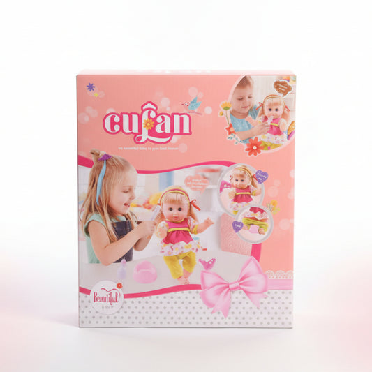 Culan toy packaging with a girl and doll on a pink background