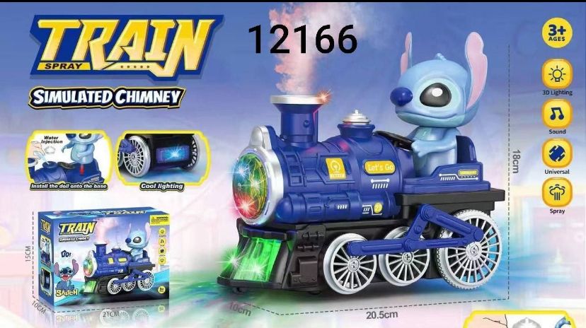 Toy train with animated character, packaging, and product details on a blue background