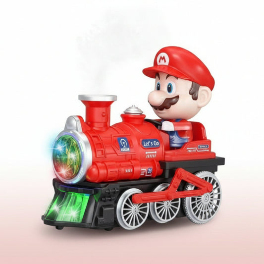 Toy train with Mario-like character on a colorful background
