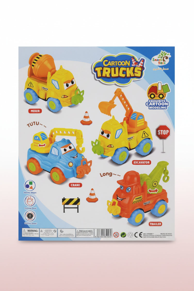 Cartoon Trucks toy set packaging with colorful construction vehicles on a blue background