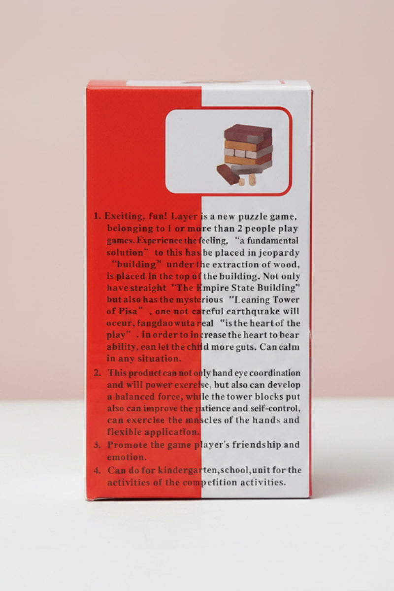 Back of a puzzle game box with text and a small illustration on a wooden surface