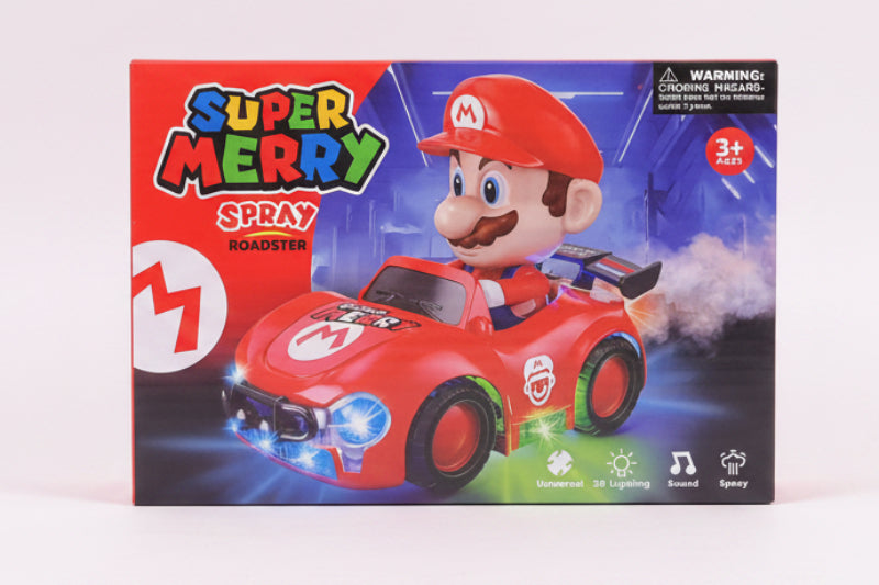 Super Mario toy car with packaging on a wooden surface