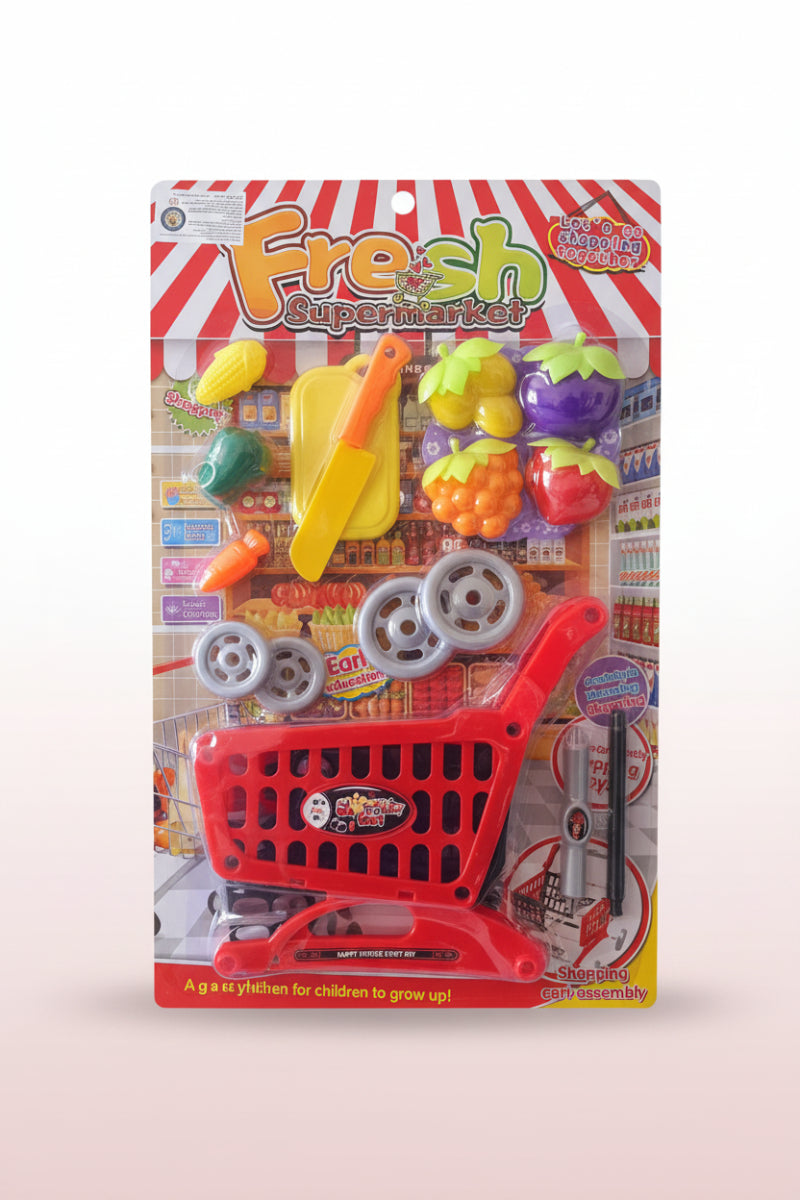 Toy shopping cart set with fruits and vegetables on a colorful packaging against a white background
