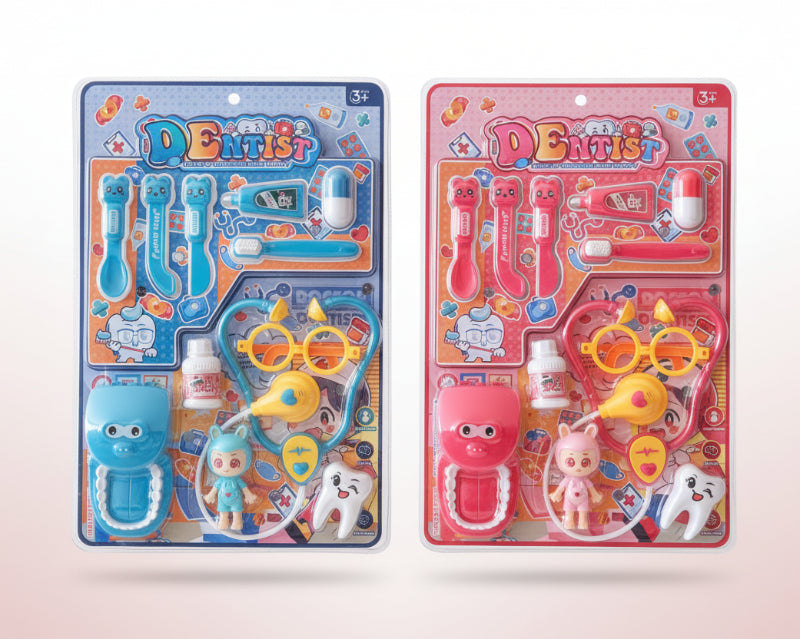 Two toy sets in packaging labeled 'Dentist' on a wooden surface.