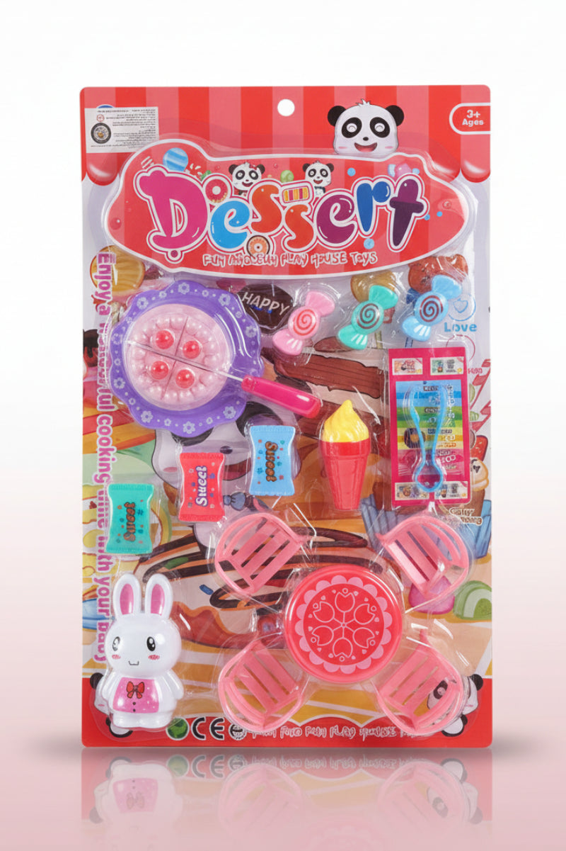 Packaged toy set with colorful packaging featuring a panda character on a wooden surface.
