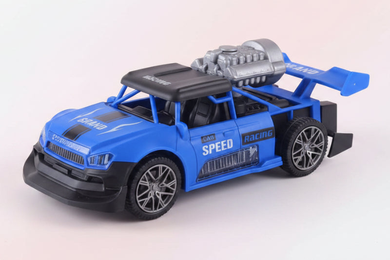 Blue toy car with a transparent container on a wooden surface
