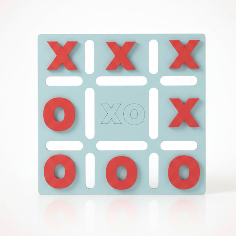 Noughts and crosses board with red 'X' and 'O' pieces on a light blue background