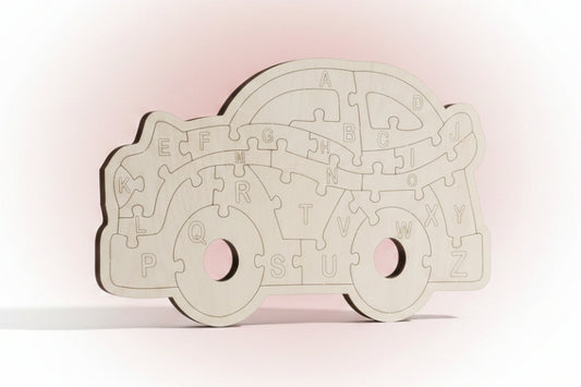 Wooden puzzle shaped like a car with alphabet letters on a black background