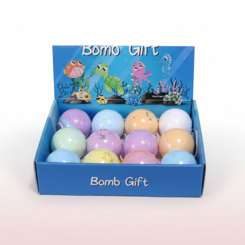 Box of colorful plastic eggs with a 'Bomo Gift' label on a shelf with various items.