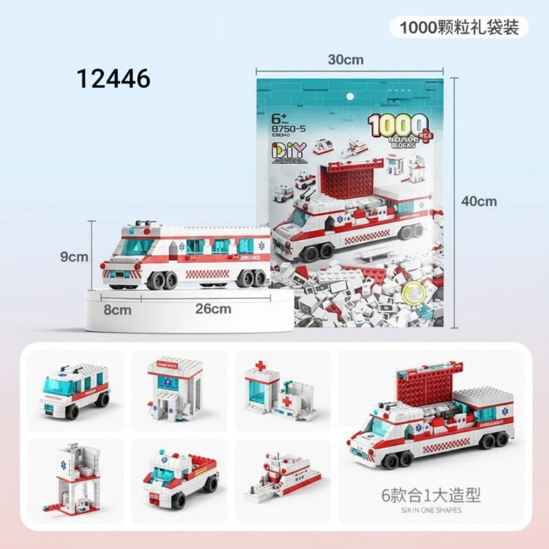 Toy ambulance set with packaging and dimensions on a light blue background