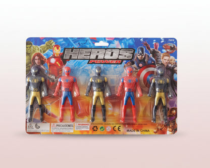 Box of superhero action figures with colorful packaging on a wooden surface.